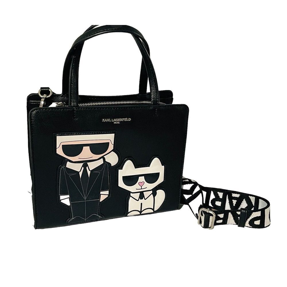 Karl Lagerfeld Purse Handles Or Cross Body Bag Tote CAT & Karl Black & White EUC